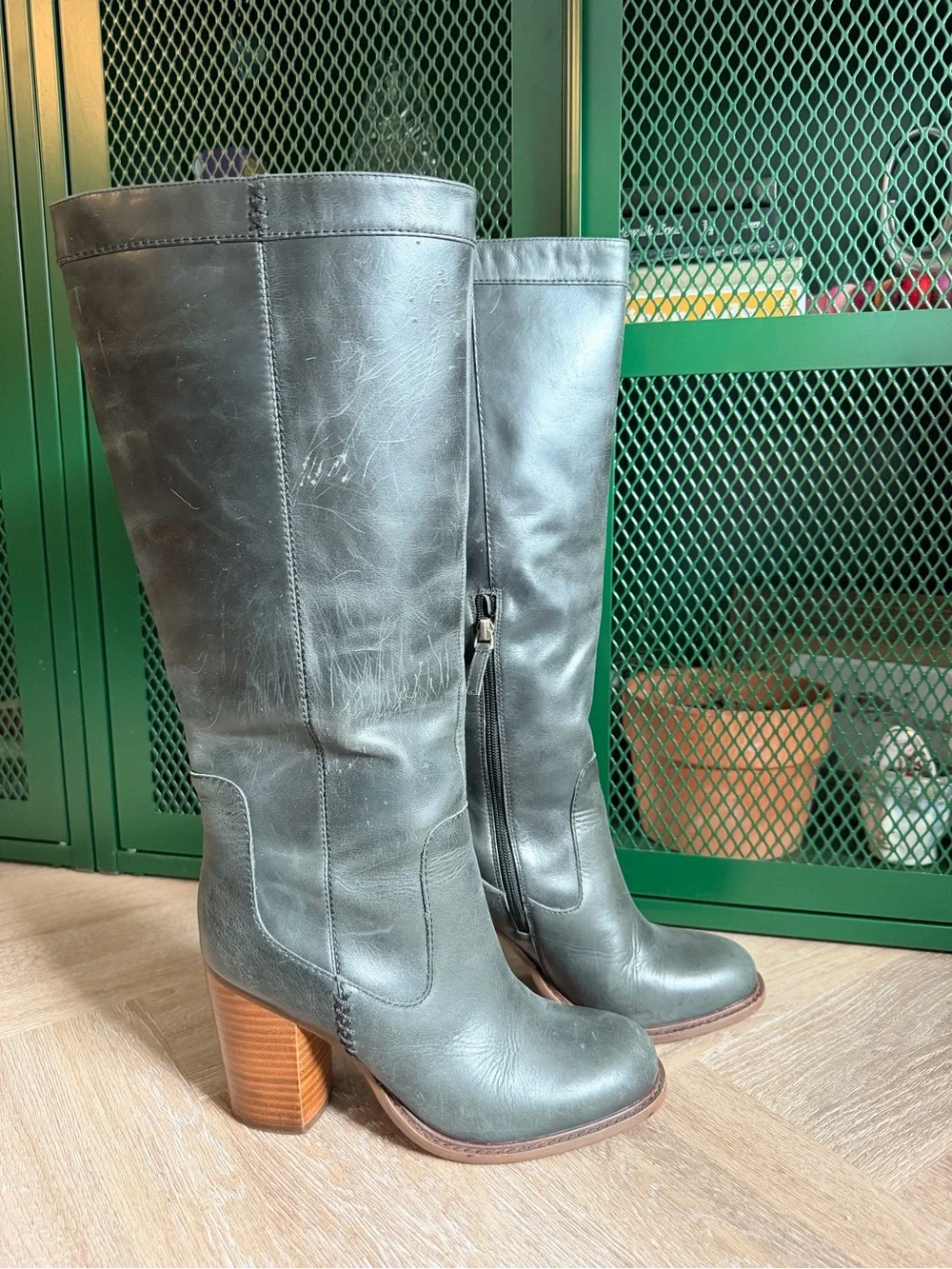 Tall Leather Knee-High Boots in Gray